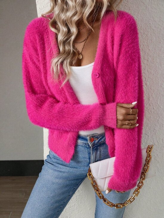 Sweaters - Hot Pink Casual Women's Drop Shoulder Button Front Fluffy Knit Cardigan